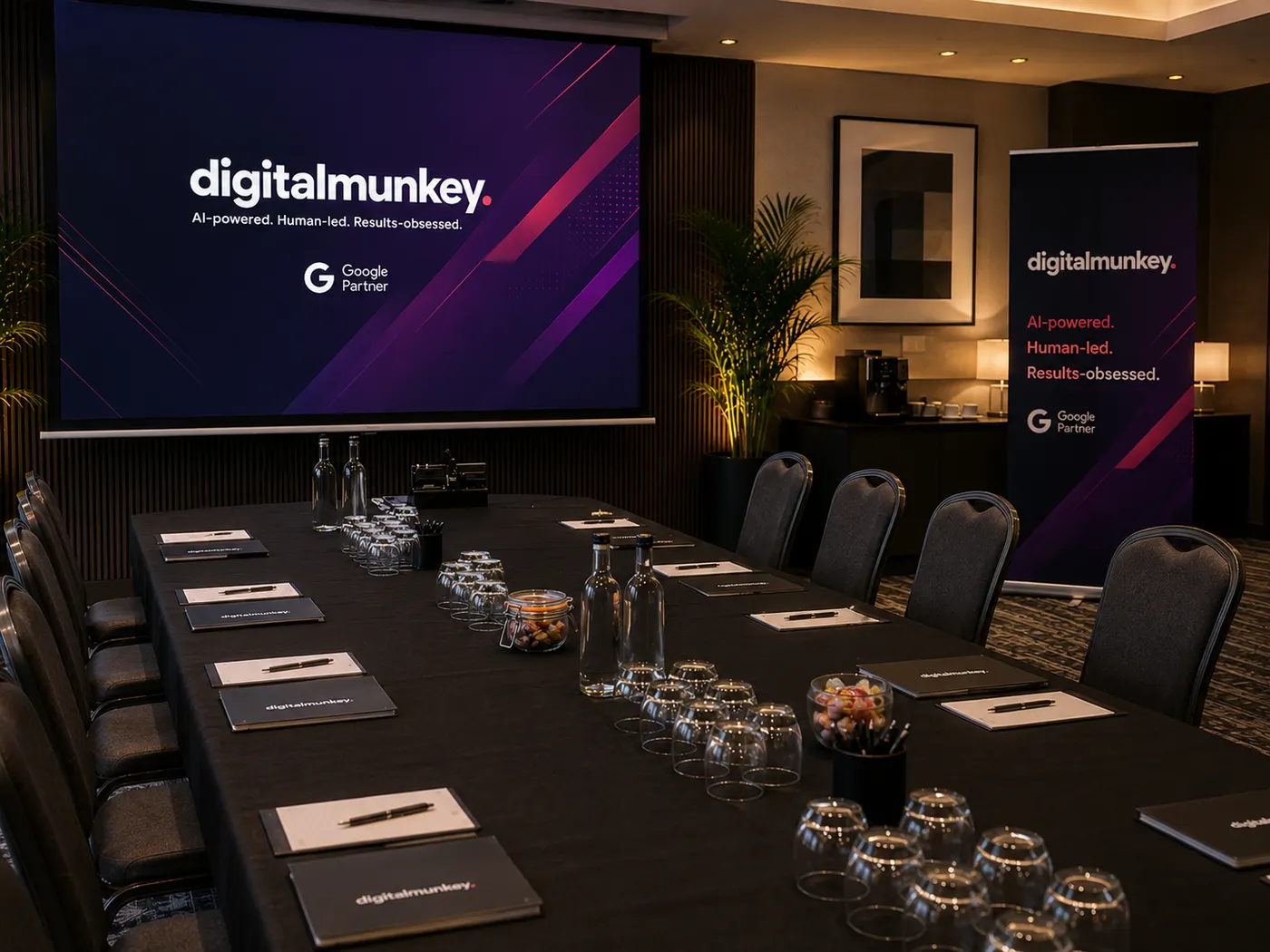Digital Munkey branded boardroom set up for a client workshop