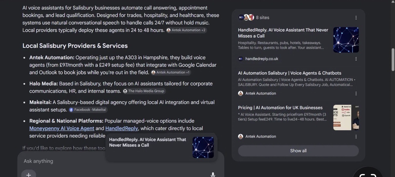 Google AI answer citing HandledReply for AI voice assistants in Salisbury