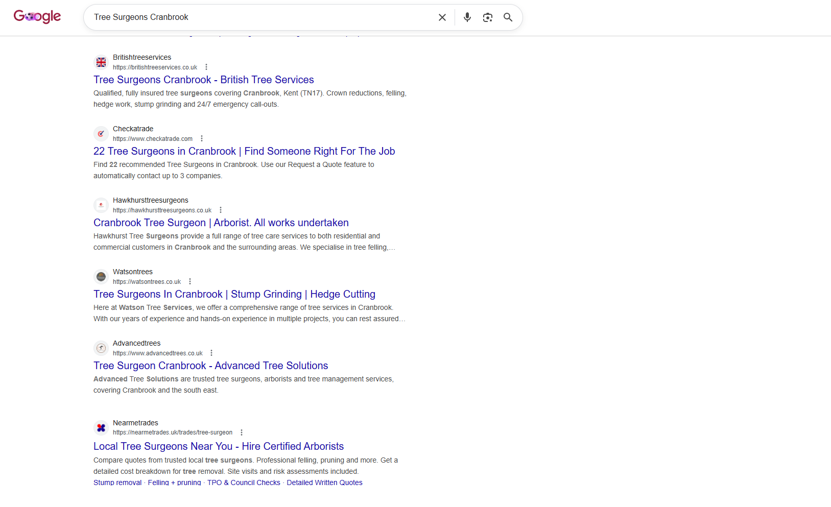 Google search results for 'Tree Surgeons Cranbrook' showing British Tree Services ranked #1 above Checkatrade and established competitors