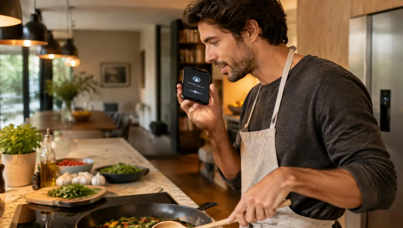 Man asking an AI assistant while cooking