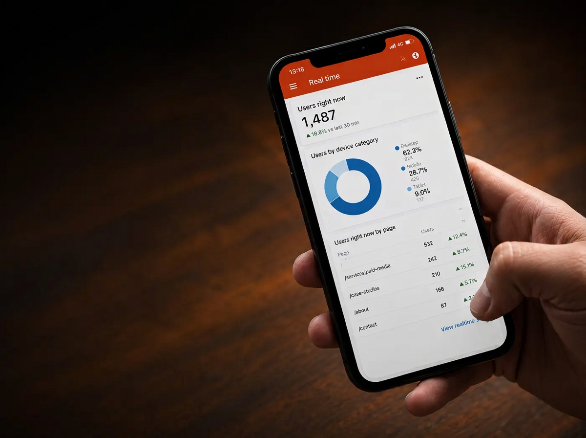 Hand holding a phone displaying a real-time analytics dashboard