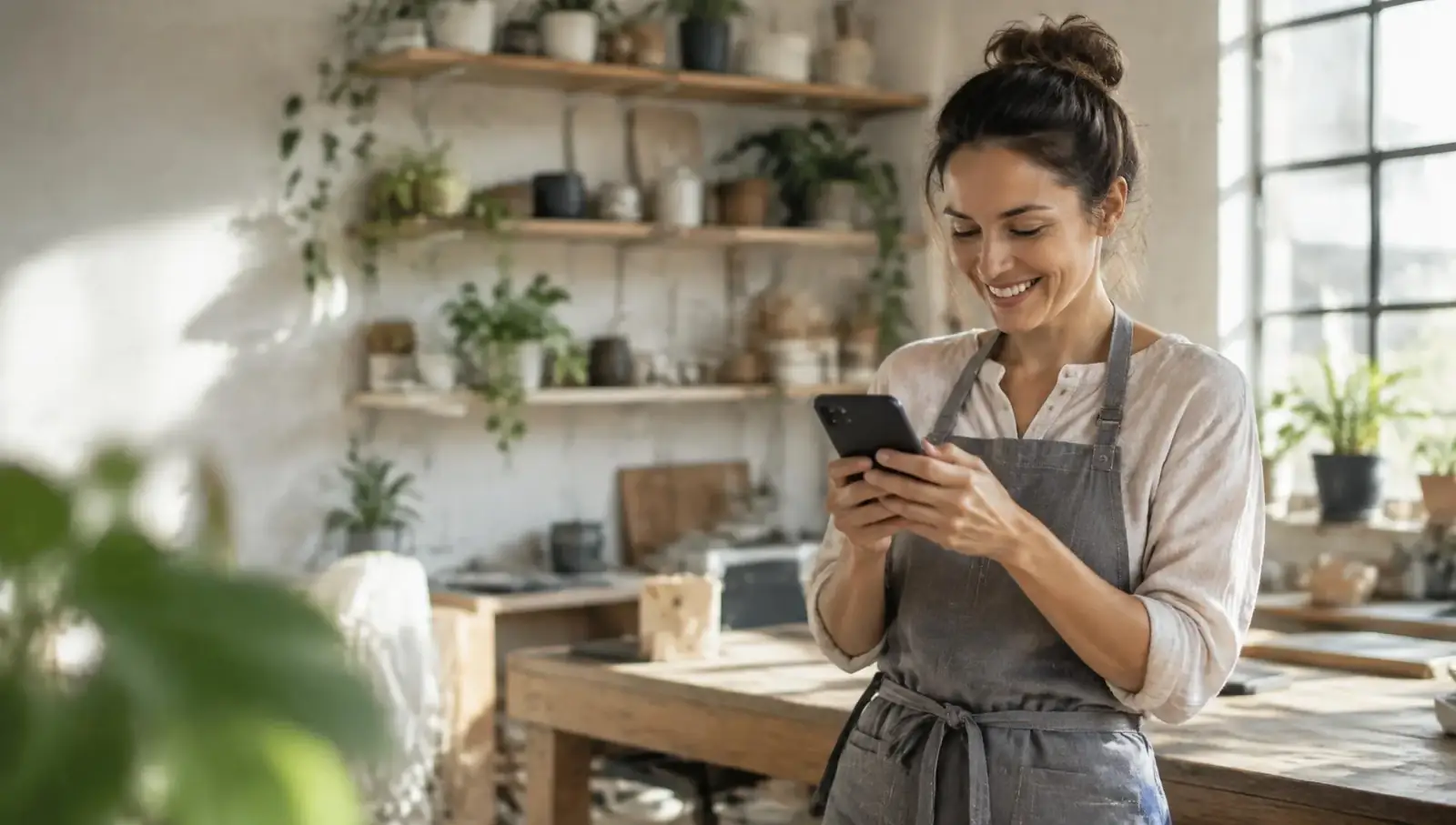 Small business owner smiling at her phone in her workshop