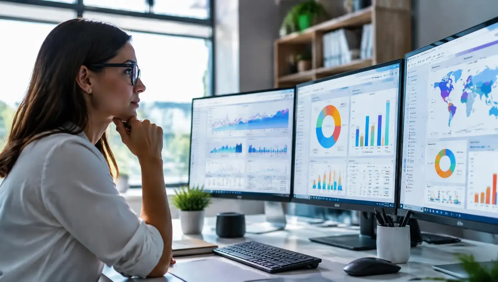 Analyst reviewing marketing dashboards on three screens