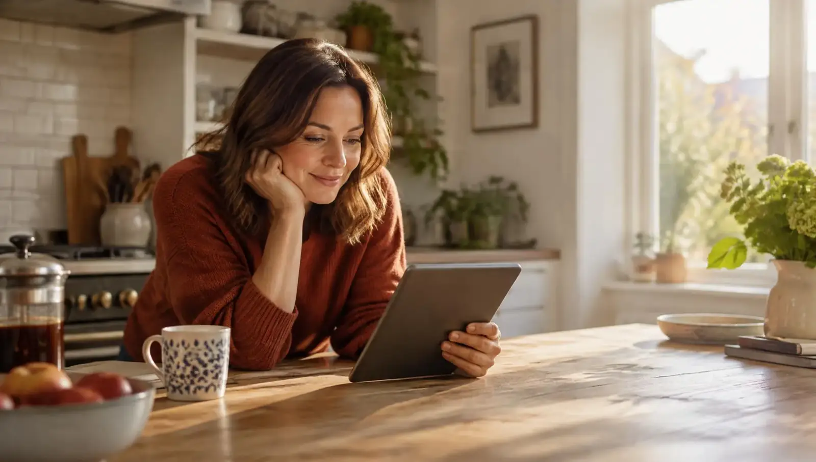 Woman browsing on a tablet at her kitchen table