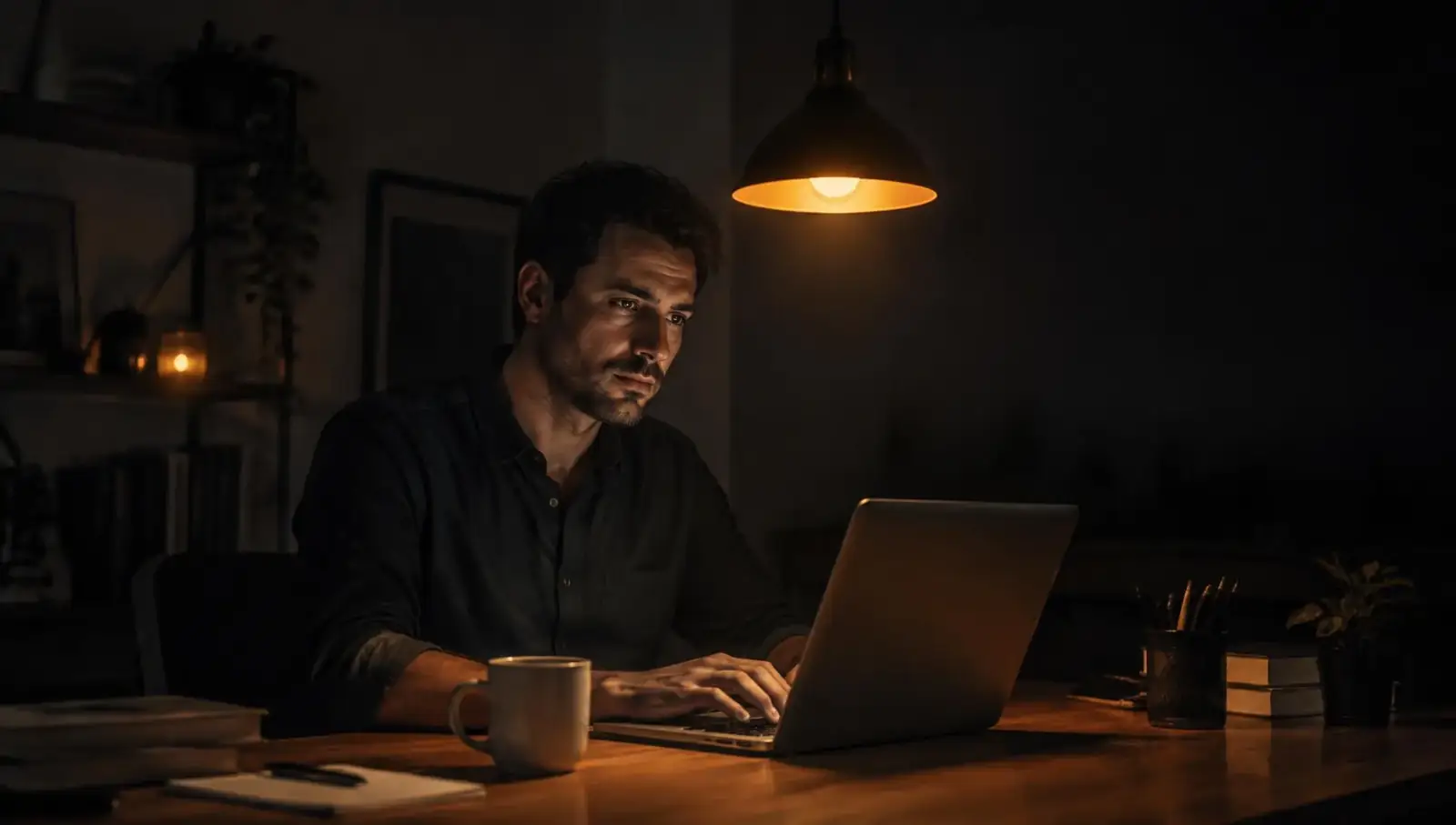 Man searching on his laptop late at night