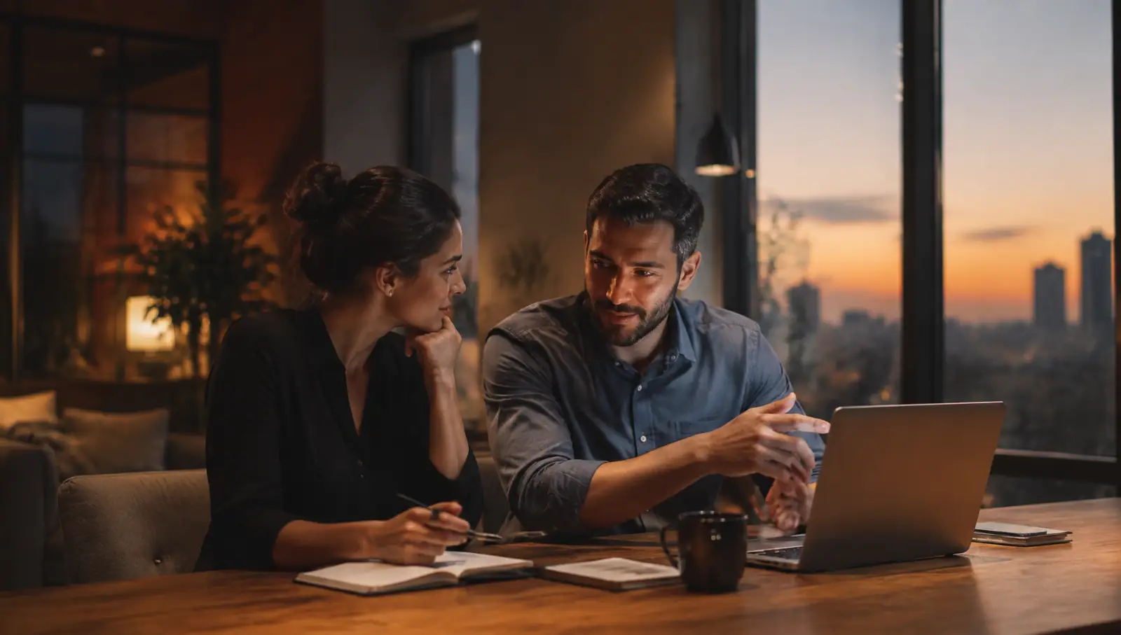 Two business partners planning over a laptop