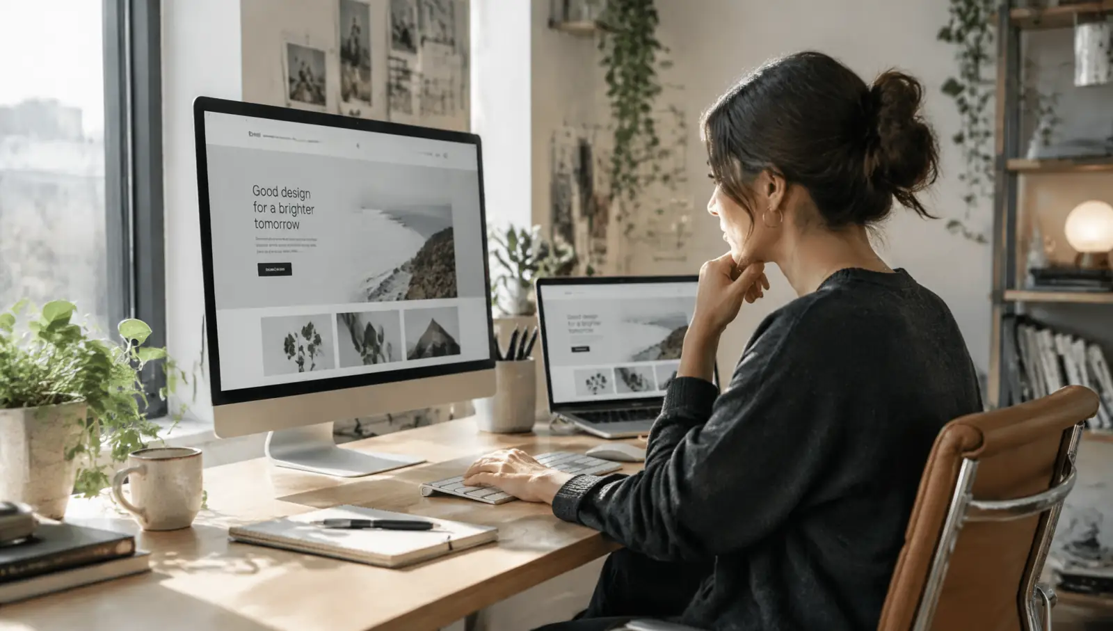 Web designer reviewing a new website on her monitor
