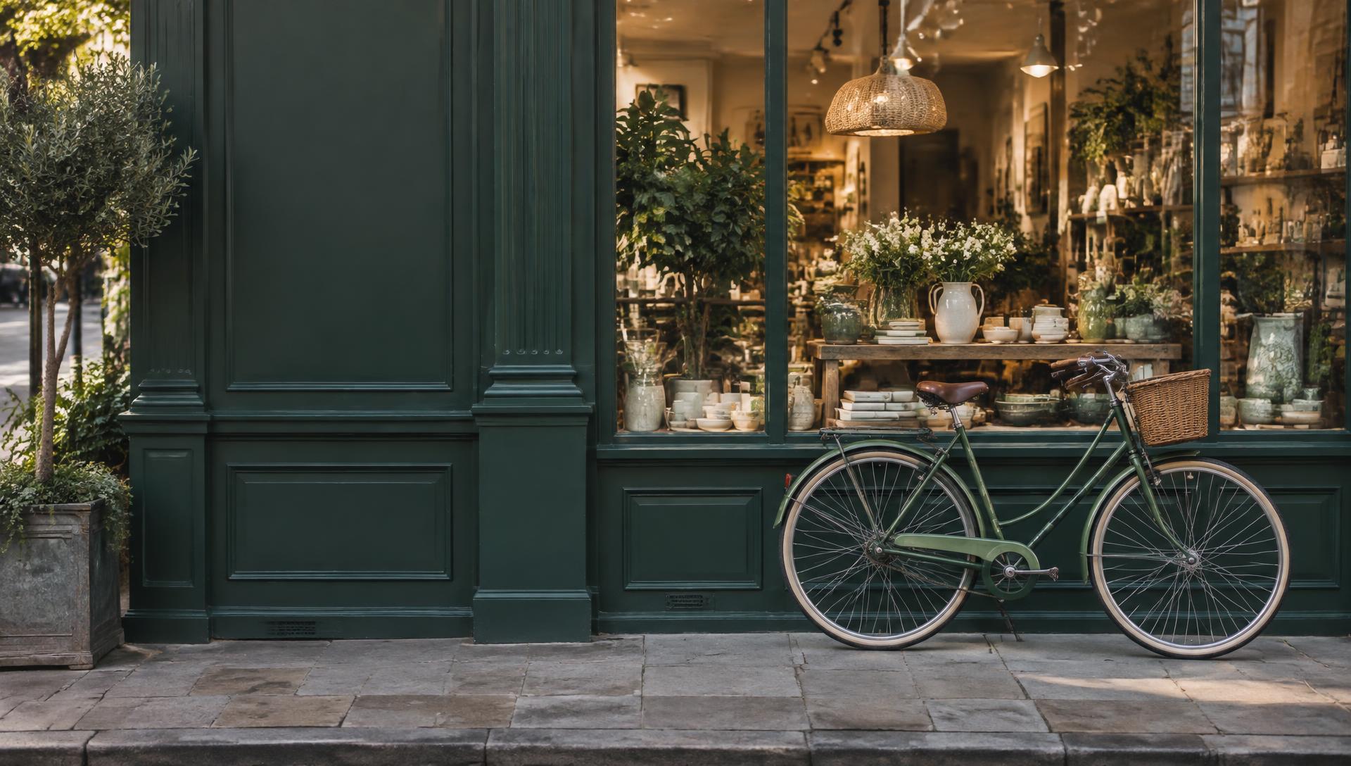 Vintage bicycle beside the window of an independent lifestyle shop