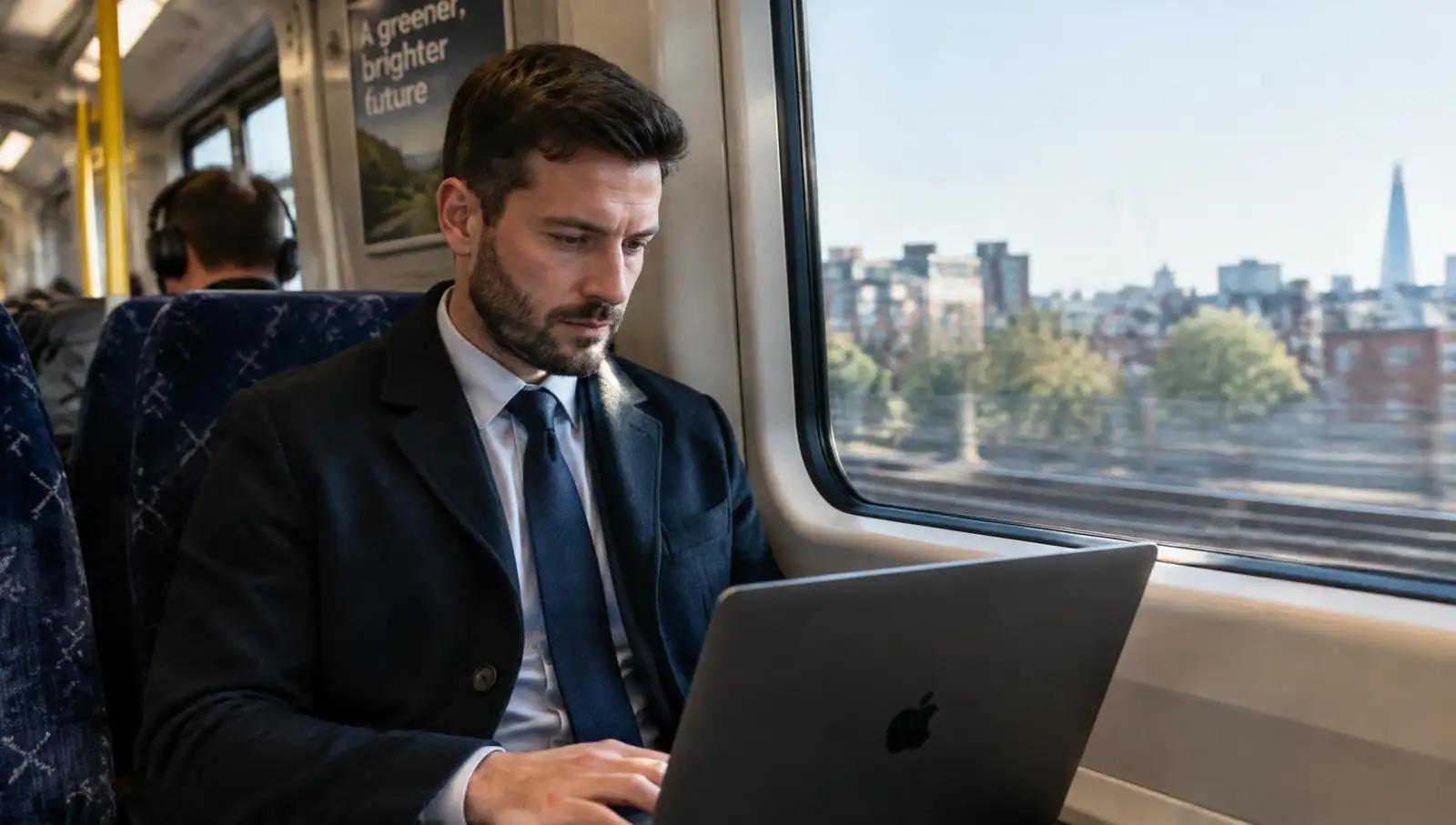 Professional reading on his laptop on a train