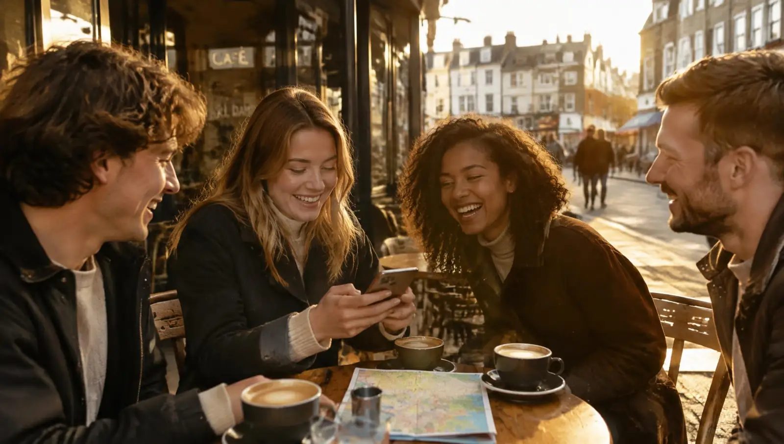 Friends finding a local café on a phone