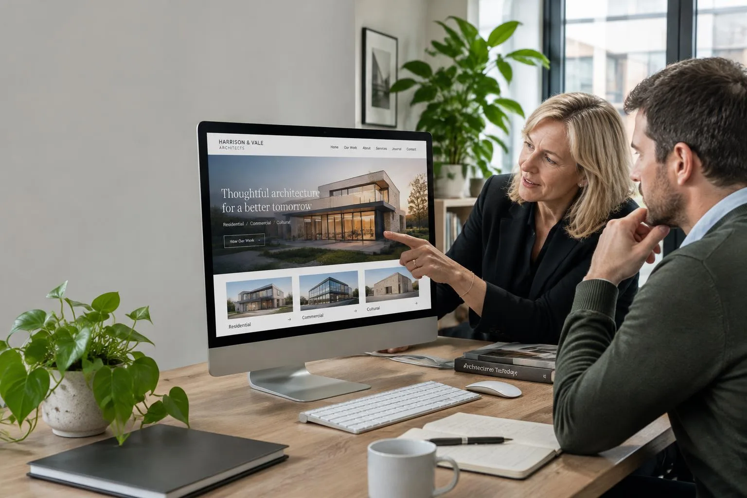 Illustrative office scene with two professionals reviewing a website on a desktop screen