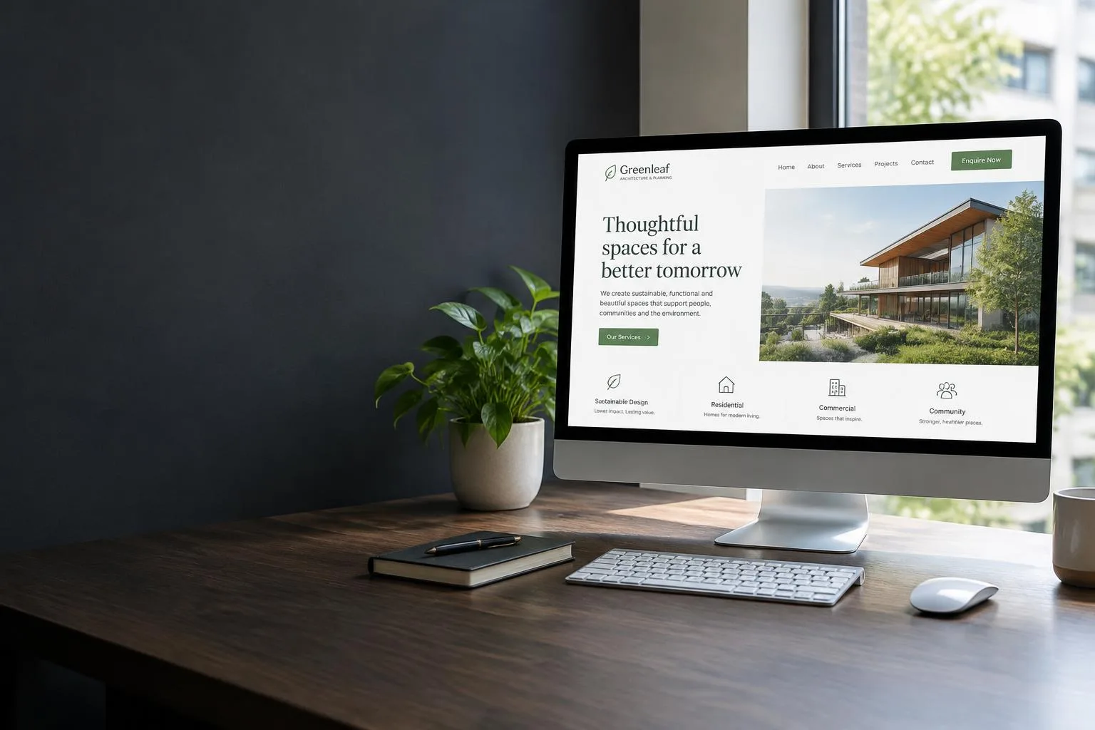 Illustrative professional website displayed clearly on an office desktop monitor