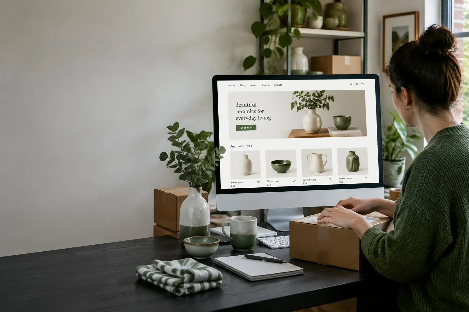 Illustrative lifestyle scene of a shop owner managing a homeware website and packing orders