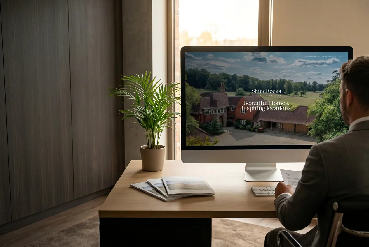 Shinerocks website displayed on a desktop monitor in an illustrative estate agency office
