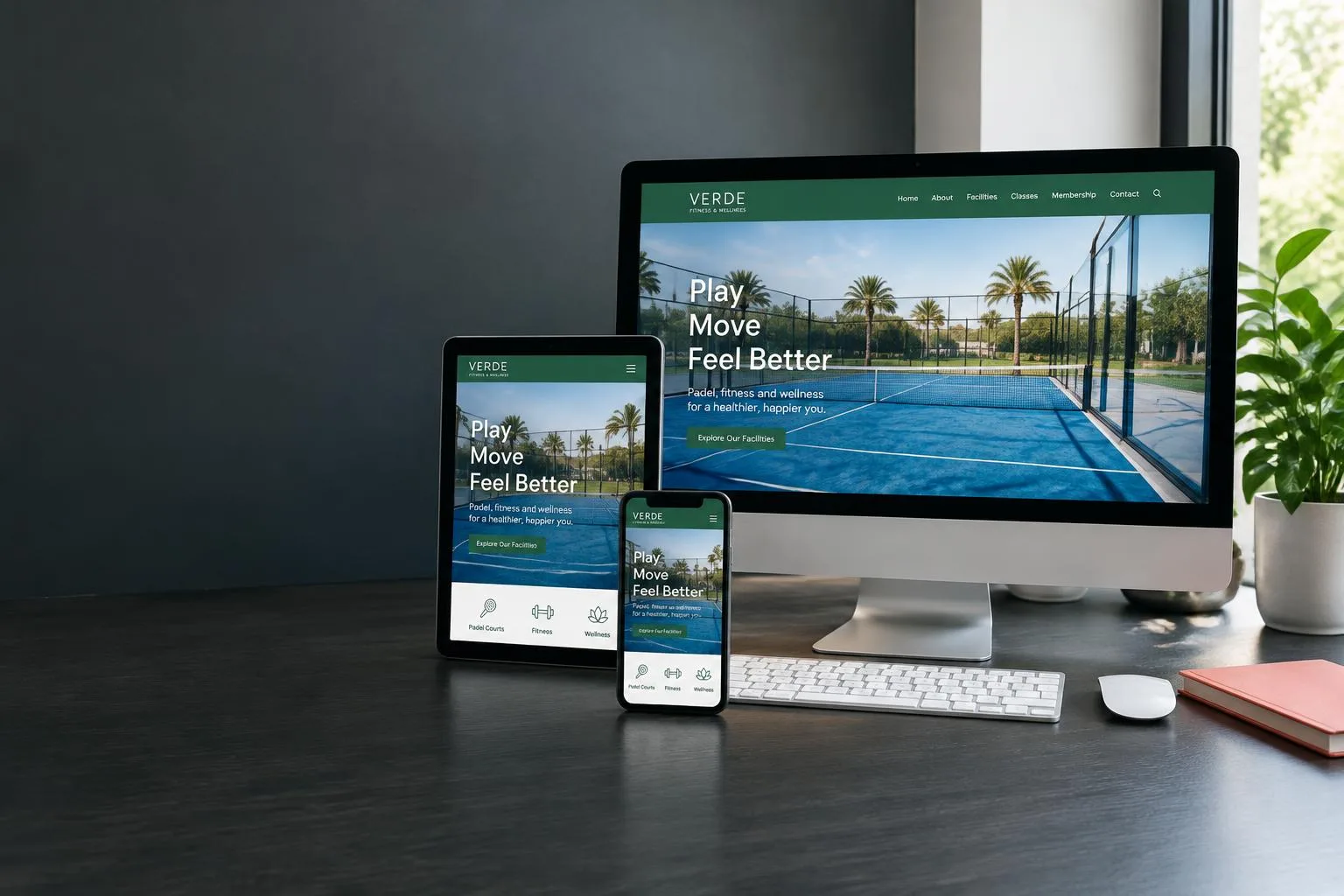 Illustrative responsive website shown on desktop, tablet and phone in an office