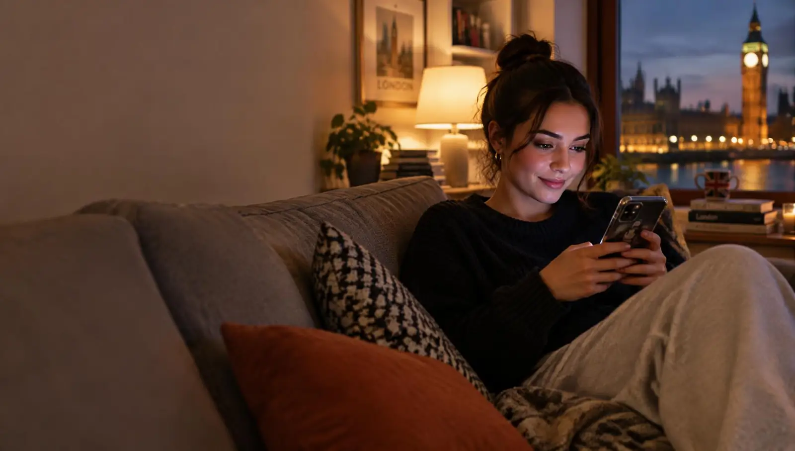 Woman scrolling short videos on her sofa